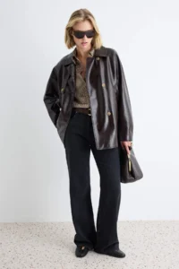 TRENDYOLMİLLA Brown Faux Leather Oversized Arched Double breasted Kapama Short Trench Coat - Image 2