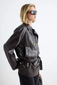 TRENDYOLMİLLA Brown Faux Leather Oversized Arched Double breasted Kapama Short Trench Coat - Image 3
