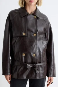 TRENDYOLMİLLA Brown Faux Leather Oversized Arched Double breasted Kapama Short Trench Coat - Image 4