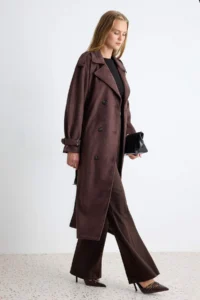 TRENDYOLMİLLA Dark Brown Arched Suede Double breasted Kapama Oversized LONG Trench Coat - Image 2