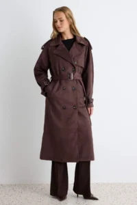 TRENDYOLMİLLA Dark Brown Arched Suede Double breasted Kapama Oversized LONG Trench Coat - Image 3