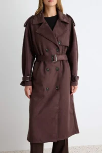 TRENDYOLMİLLA Dark Brown Arched Suede Double breasted Kapama Oversized LONG Trench Coat - Image 4