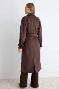 TRENDYOLMİLLA Dark Brown Arched Suede Double breasted Kapama Oversized LONG Trench Coat - Image 5