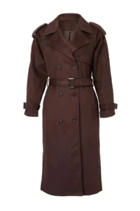 TRENDYOLMİLLA Dark Brown Arched Suede Double breasted Kapama Oversized LONG Trench Coat - Image 6