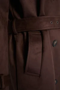 TRENDYOLMİLLA Dark Brown Arched Suede Double breasted Kapama Oversized LONG Trench Coat - Image 7
