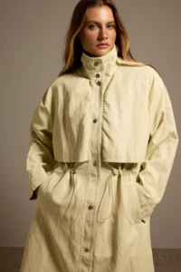 TRENDYOLMİLLA Beige High Neck Elastic Waist Mono Closure Oversized LONG Trench Coat - Image 2