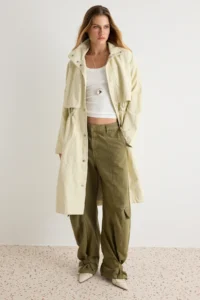 TRENDYOLMİLLA Beige High Neck Elastic Waist Mono Closure Oversized LONG Trench Coat - Image 3