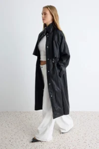 TRENDYOLMİLLA Black High Neck Elastic Waist Mono Closure Oversized LONG Trench Coat