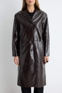 TRENDYOLMİLLA Brown Faux Leather Mono Closure Oversized LONG Trench Coat - Image 3