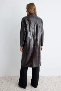 TRENDYOLMİLLA Brown Faux Leather Mono Closure Oversized LONG Trench Coat - Image 4