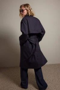 TRENDYOLMİLLA NAVY BLUE Eksoe Patterned Double breasted Kapama Oversized LONG Trench Coat - Image 2