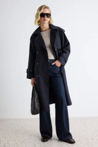 TRENDYOLMİLLA NAVY BLUE Eksoe Patterned Double breasted Kapama Oversized LONG Trench Coat - Image 3