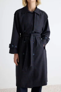 TRENDYOLMİLLA NAVY BLUE Eksoe Patterned Double breasted Kapama Oversized LONG Trench Coat - Image 5