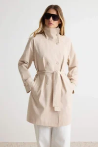 TRENDYOLMİLLA Stone Oversized High Neck tied up Double breasted Kapama LONG Trench Coat - Image 3