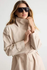 TRENDYOLMİLLA Stone Oversized High Neck tied up Double breasted Kapama LONG Trench Coat - Image 4