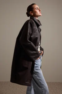 TRENDYOLMİLLA Dark Brown Coated Plaid Lined Oversized LONG Trench Coat - Image 3