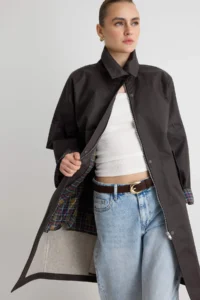 TRENDYOLMİLLA Dark Brown Coated Plaid Lined Oversized LONG Trench Coat - Image 5