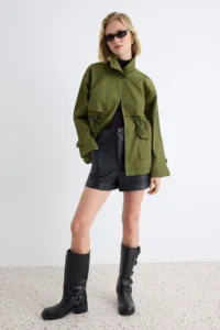 TRENDYOLMİLLA Khaki Waist tied up High Neck Oversized Midi Trench Coat - Image 2