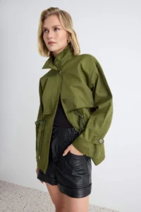 TRENDYOLMİLLA Khaki Waist tied up High Neck Oversized Midi Trench Coat - Image 3