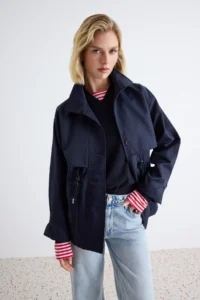 TRENDYOLMİLLA NAVY BLUE Waist tied up High Neck Oversized Midi Trench Coat - Image 2