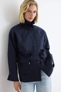 TRENDYOLMİLLA NAVY BLUE Waist tied up High Neck Oversized Midi Trench Coat - Image 3