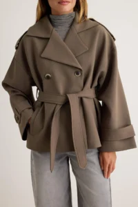 TRENDYOLMİLLA Khaki tied up Double breasted Kapama Regular Short Trench Coat - Image 3