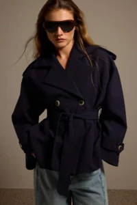 TRENDYOLMİLLA NAVY BLUE tied up Double breasted Kapama Regular Short Trench Coat