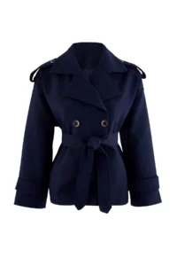 TRENDYOLMİLLA NAVY BLUE tied up Double breasted Kapama Regular Short Trench Coat - Image 6