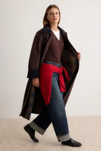TRENDYOLMİLLA Brown Oversized Velvet Collared Plaid Lined LONG Trench Coat