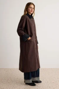 TRENDYOLMİLLA Brown Oversized Velvet Collared Plaid Lined LONG Trench Coat - Image 2
