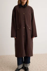 TRENDYOLMİLLA Brown Oversized Velvet Collared Plaid Lined LONG Trench Coat - Image 3