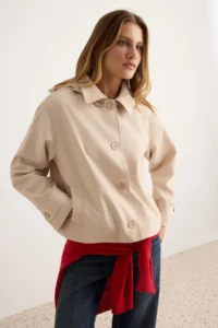 TRENDYOLMİLLA Beige Hooded Oversized Short Trench Coat - Image 2