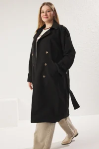 TRENDYOLMİLLA Black Oversized Wide Cut Belted Water Repellent LONG Trench Coat - Image 8