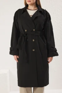 TRENDYOLMİLLA Black Oversized Wide Cut Belted Water Repellent LONG Trench Coat - Image 9