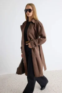 TRENDYOLMİLLA Brown Oversized Belted  Trench Coat - Image 5