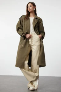 TRENDYOLMİLLA Khaki Arched Windbreaker Detailed Water Repellent LONG Trench Coat