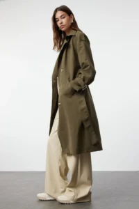 TRENDYOLMİLLA Khaki Arched Windbreaker Detailed Water Repellent LONG Trench Coat - Image 2