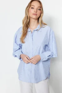 TRENDYOLMİLLA BLUE Striped Oversized/Wide Pattern Weaving Shirt - Image 10