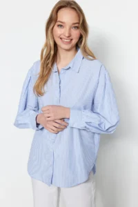 TRENDYOLMİLLA BLUE Striped Oversized/Wide Pattern Weaving Shirt - Image 11