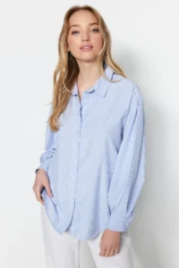 TRENDYOLMİLLA BLUE Striped Oversized/Wide Pattern Weaving Shirt - Image 12