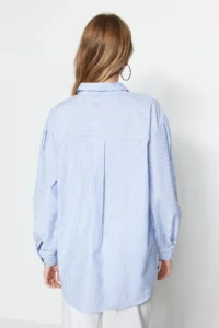TRENDYOLMİLLA BLUE Striped Oversized/Wide Pattern Weaving Shirt - Image 14