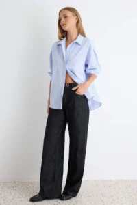 TRENDYOLMİLLA BLUE Striped Oversized/Wide Pattern Weaving Shirt - Image 2