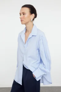 TRENDYOLMİLLA BLUE Striped Oversized/Wide Pattern Weaving Shirt - Image 5