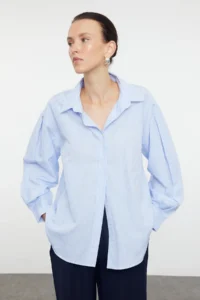 TRENDYOLMİLLA BLUE Striped Oversized/Wide Pattern Weaving Shirt - Image 6
