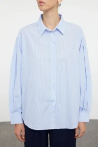 TRENDYOLMİLLA BLUE Striped Oversized/Wide Pattern Weaving Shirt - Image 8