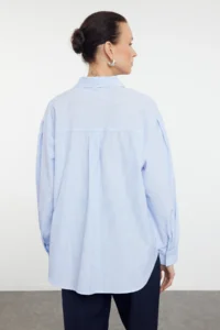TRENDYOLMİLLA BLUE Striped Oversized/Wide Pattern Weaving Shirt - Image 9