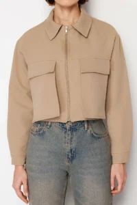 TRENDYOLMİLLA Mink Pocket Detail Zippered Crop Weaving Jacket - Image 4