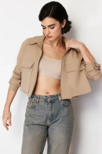TRENDYOLMİLLA Mink Pocket Detail Zippered Crop Weaving Jacket - Image 6