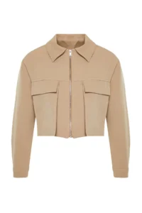 TRENDYOLMİLLA Mink Pocket Detail Zippered Crop Weaving Jacket - Image 7