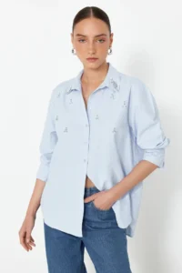 TRENDYOLMİLLA Light BLUE Front Stone Detailed Regular Normal Pattern Weaving Shirt - Image 3
